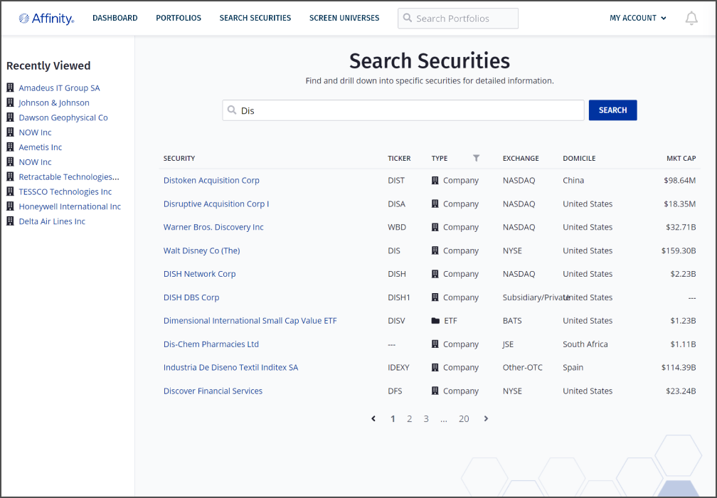 Affinity Search Securities tool